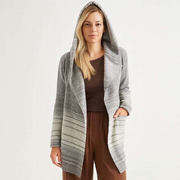 Vince tan two-toned wool Alpaca Yak striped Hooded Long Line Coatigan Sweater S - Picture 1 of 6